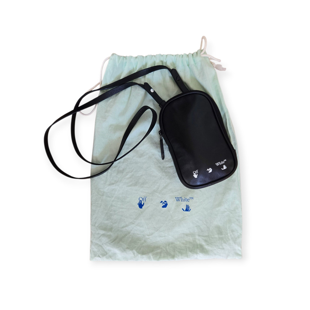 Off-White Black Genuine‎ Leather Crossbody Messenger Phone Holder Bag